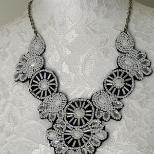 Elegant Black and White Beaded Felt Necklace